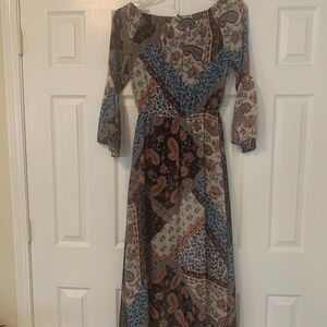 VENUS Long Sleeve Patchwork Dress - Blue, Brown, Cream